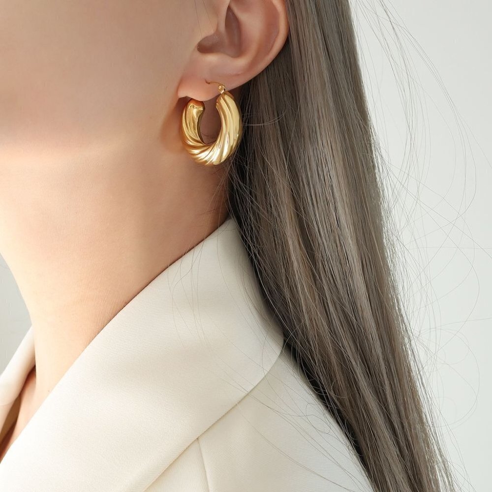 Retro Style Round Titanium Steel Plating 18K Gold Plated Hoop Earrings - Picture 5 of 8